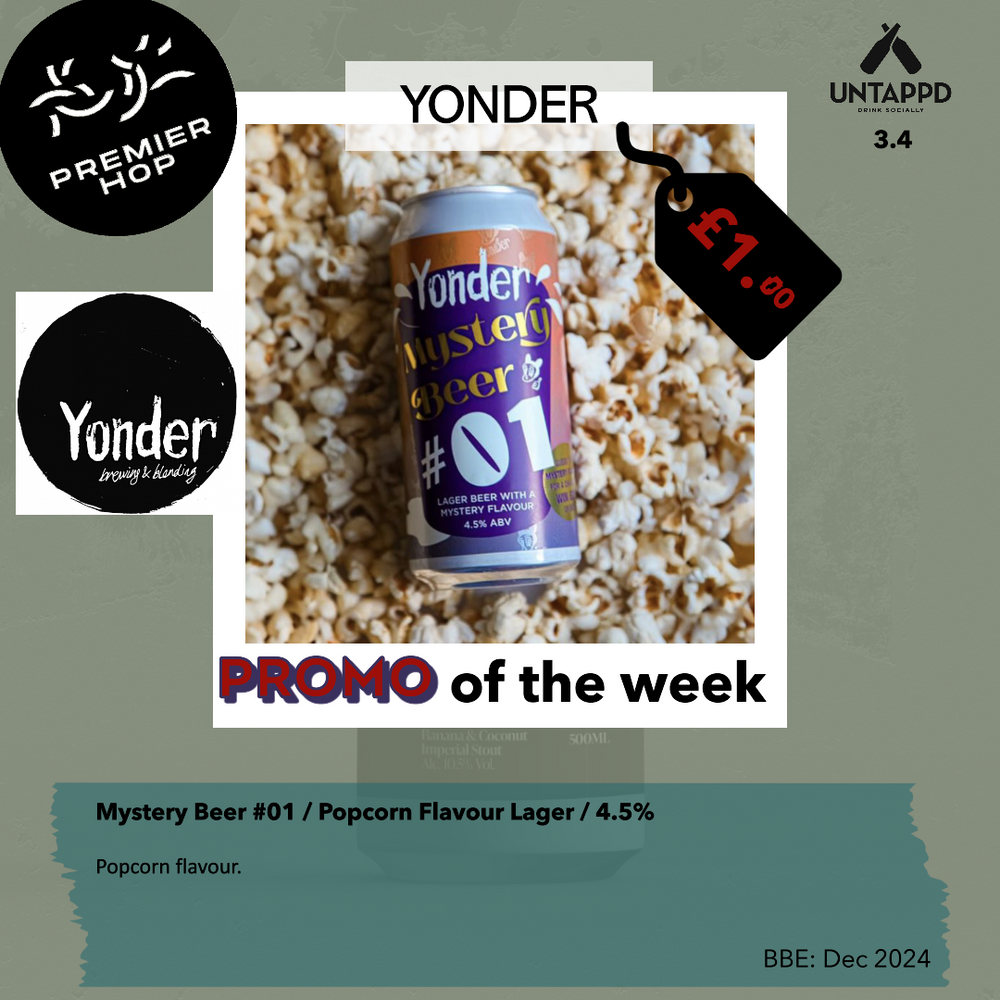 Yonder Brewing Mystery Beer #01  Popcorn Flavour Lager  4.5% - Premier Hop